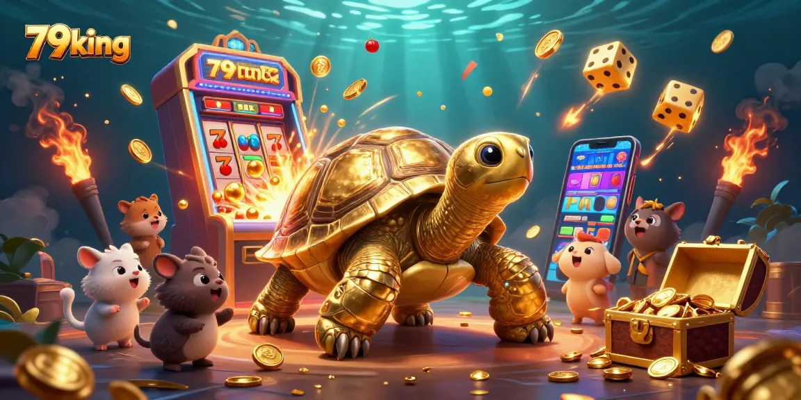 Experience excitement at 79king with golden tortoise pinball and jackpot coins bursting in a vibrant scene.