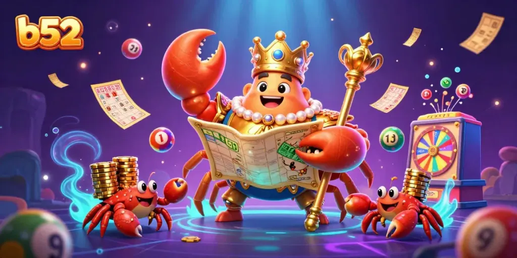 Experience the thrilling atmosphere of b52 with a vibrant 3D illustration featuring a golden crab emperor amidst gaming excitement.