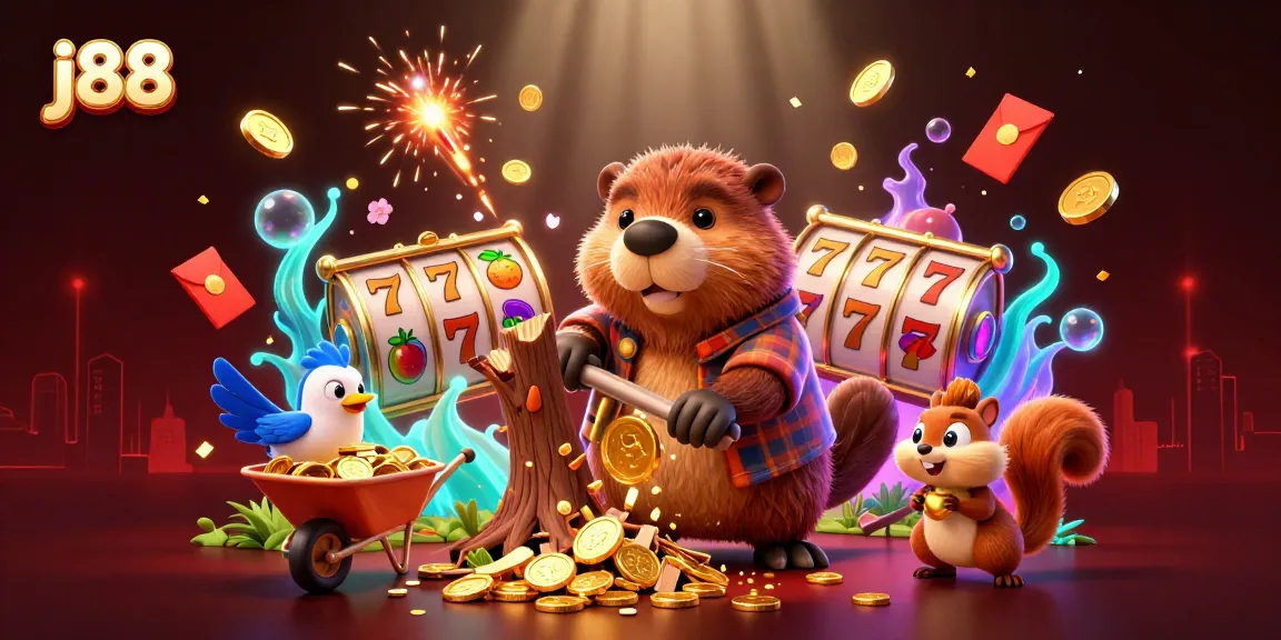 Win jackpots with j88 in this vibrant casino scene filled with coins and lucky symbols.