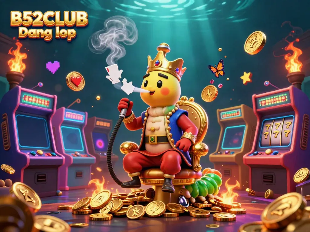 B52CLUB Đăng nhập showcases a vibrant online casino scene with a whimsical caterpillar character amid bright gaming elements.