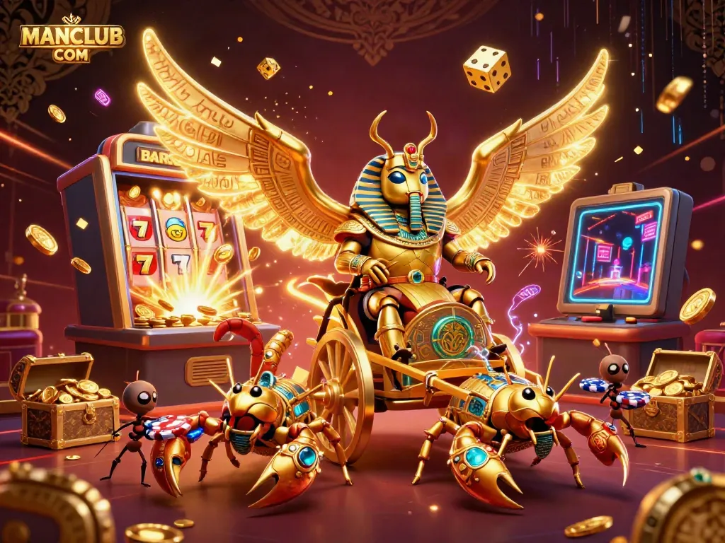 Experience thrilling wins at MANCLUB COM with vibrant casino action featuring a golden beetle and scorpions.