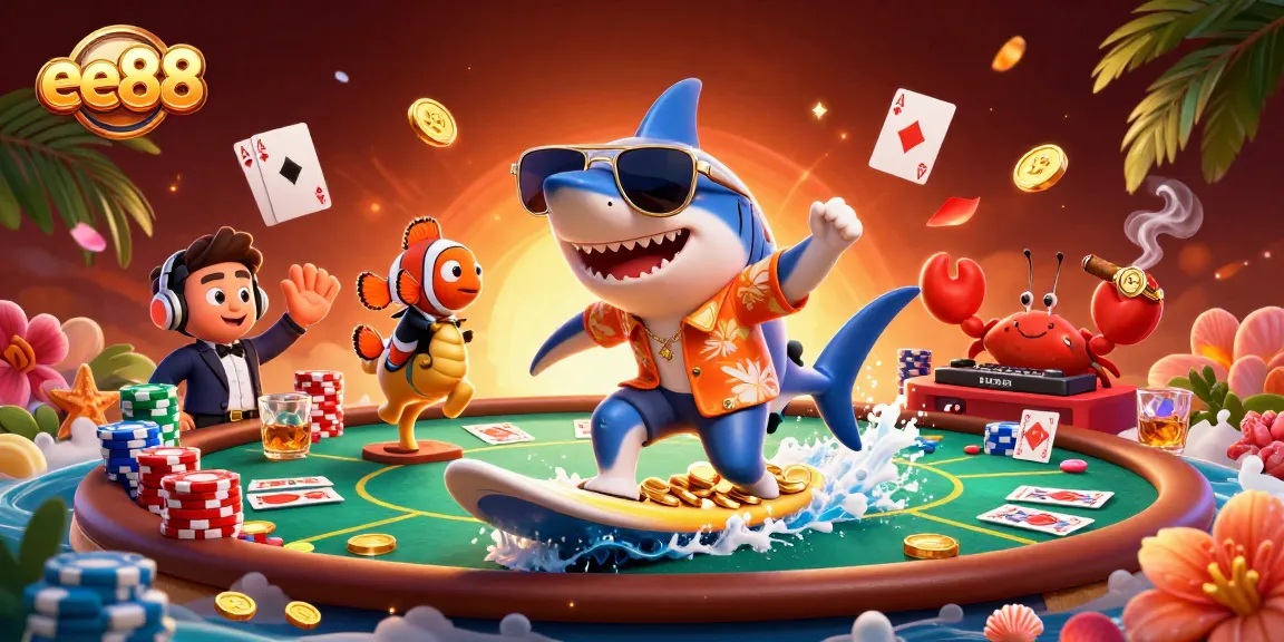 ee88 celebrates big wins with a cartoon shark surfing gold coins at a vibrant casino scene.