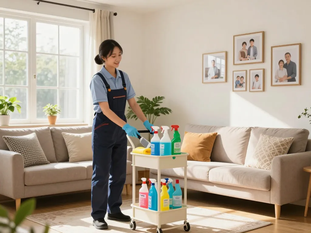 Professional cleaner in a cozy living room, navštivte stránku for cleaning tips.