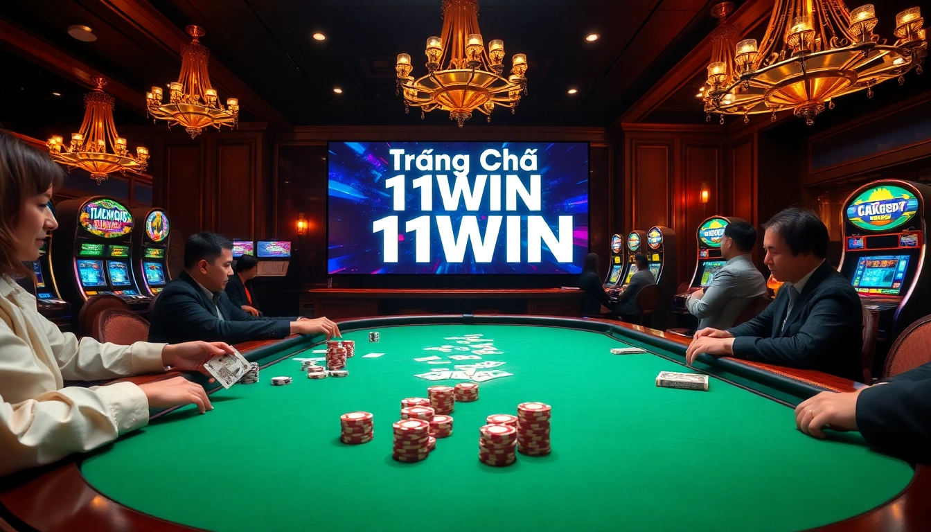 Stunning casino scene showcasing vibrant action at Trang Chủ 11WIN with players at a poker table.