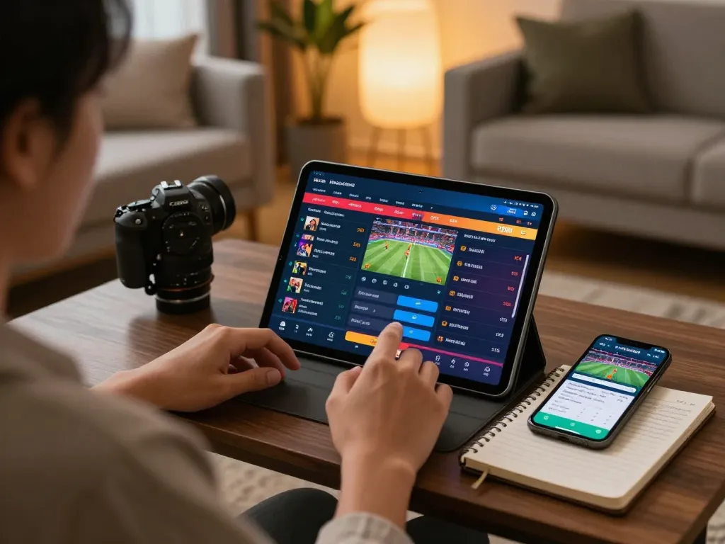 Engaging in live sports betting on a tablet at https://va88.now/ during evening hours showcasing game odds and excitement.