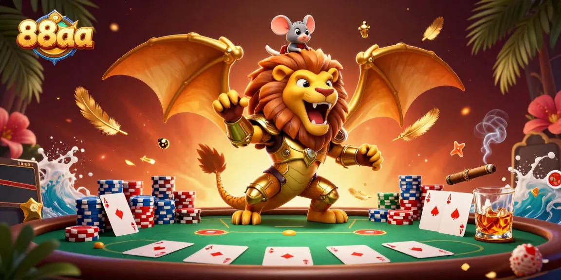 Experience thrilling poker action at 88aa with a vibrant chimera and cards in play.