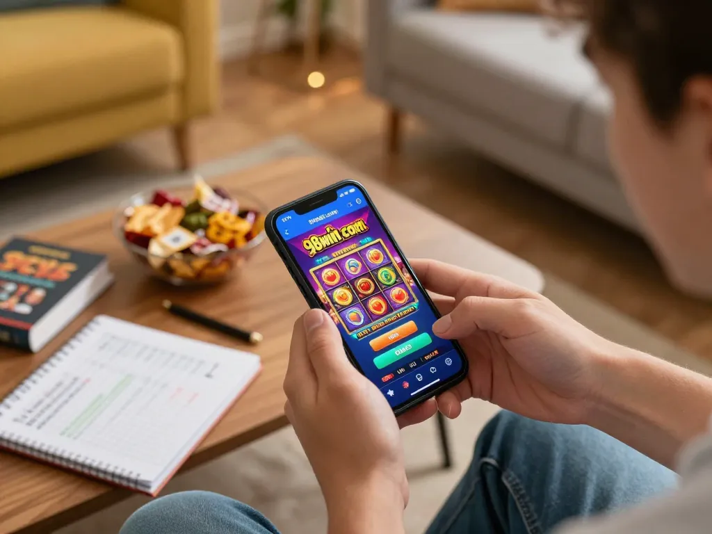 Engaging mobile gaming session on 98win com app showcasing vibrant design and strategy notes in cozy atmosphere