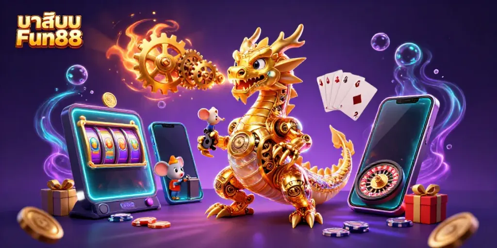Experience thrilling gameplay at คาสิโน Fun88 with a golden dragon and dynamic gaming elements.