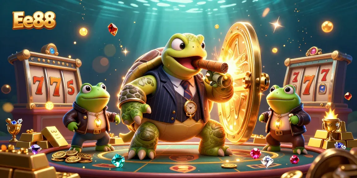 Experience thrilling jackpots with Ee88's colorful casino illustration featuring a turtle mobster.
