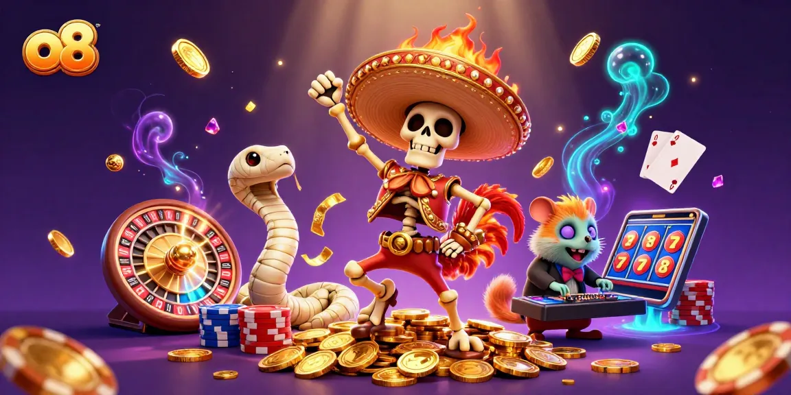 Win big at o8 with a lively celebration of gaming elements featuring vibrant characters and casino action.