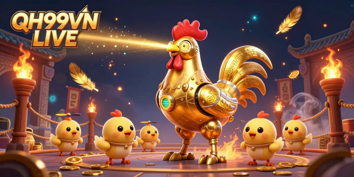 Engage with QH99VN LIVE featuring dazzling golden rooster robot beams amidst vibrant casino elements.