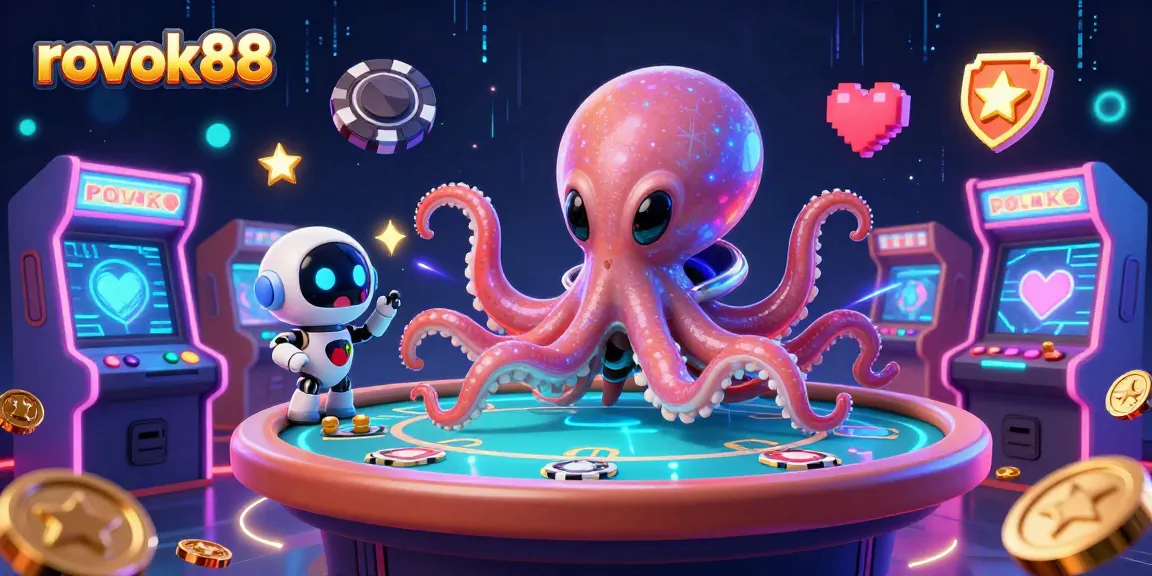 Engage with rokok88 in an exciting holographic poker universe featuring an alien octopus and robot.