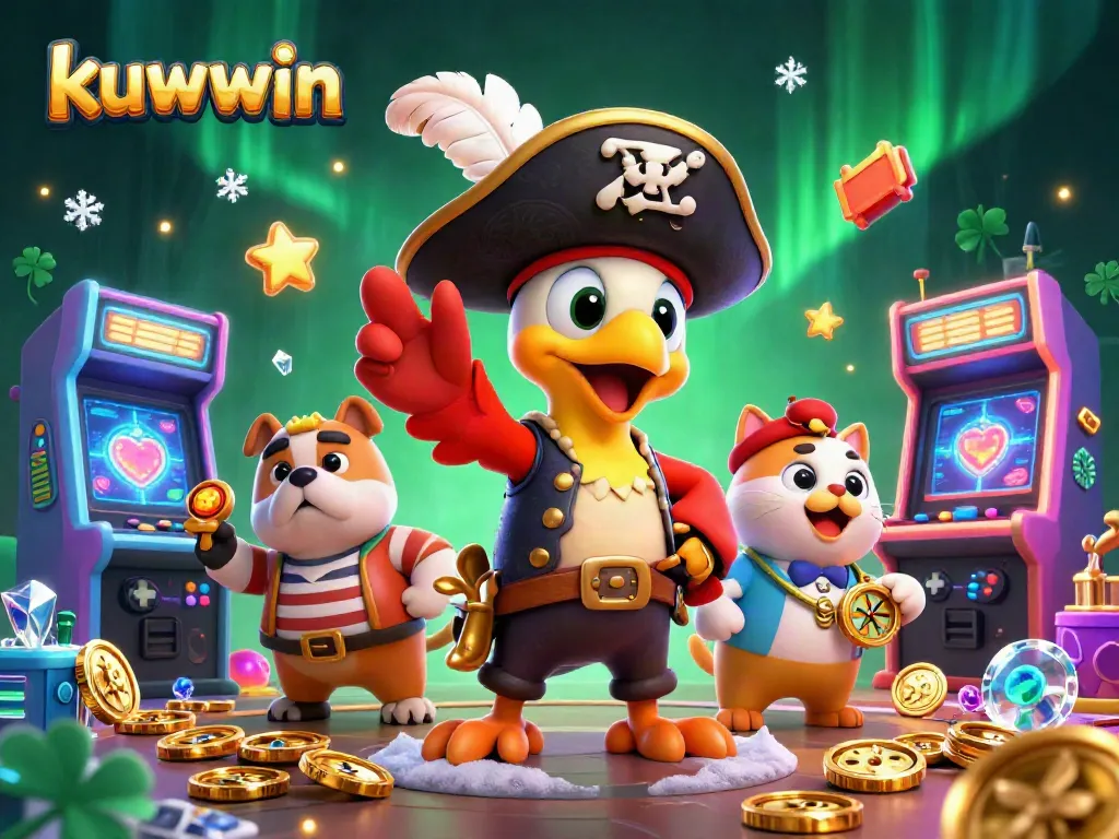 Engage with kuwwin's thrilling 3D casino adventure featuring a pirate captain and vibrant arcade games.