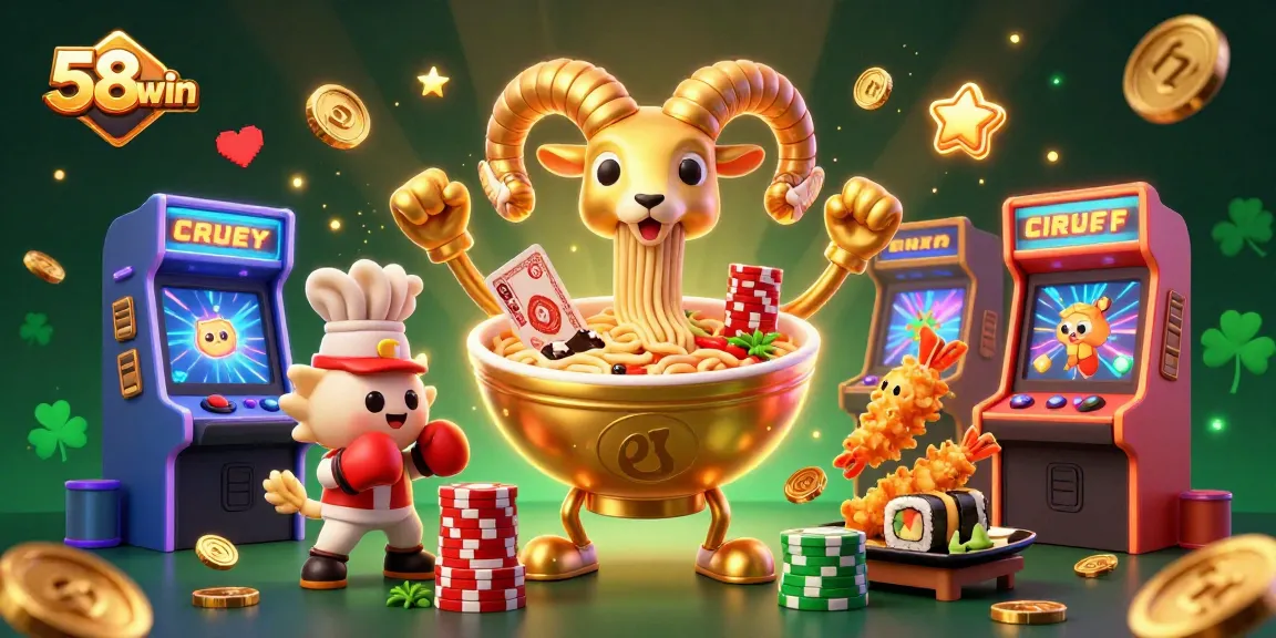 Engage with 58win's exciting gaming experience featuring a giant ramen bowl dealer, colorful arcade elements, and vibrant casino atmosphere.