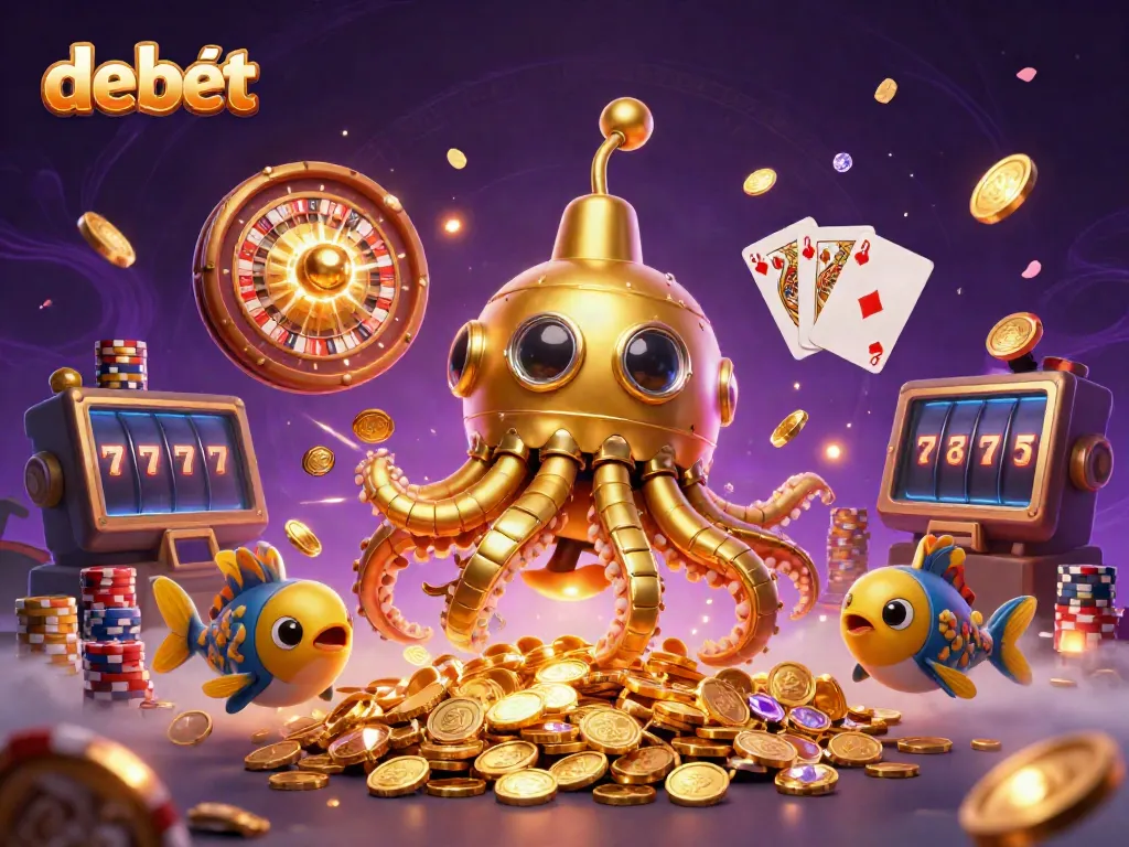Experience the excitement at Debet with a dynamic 3D illustration featuring a Kraken submarine and casino elements.