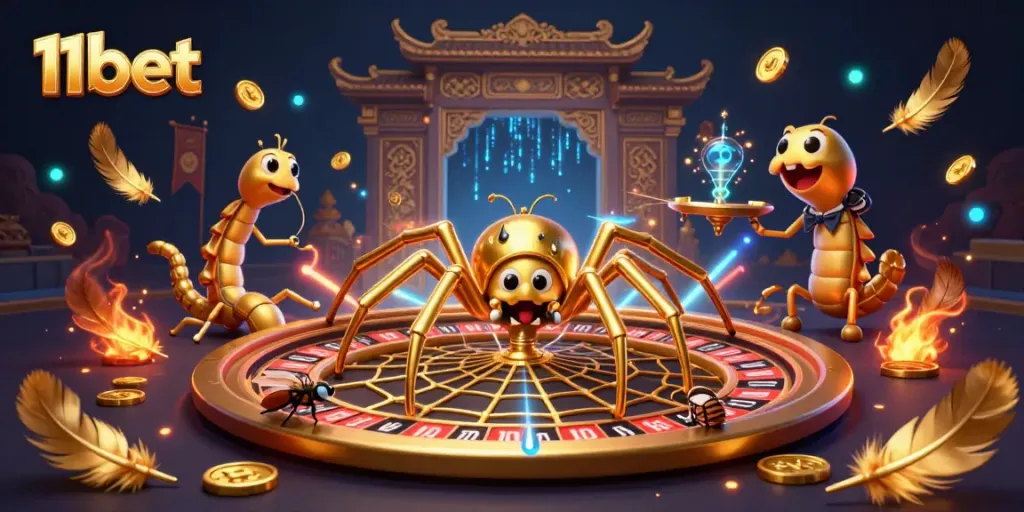 Experience the excitement of 11bet with a golden spider spinning roulette and vibrant casino elements.