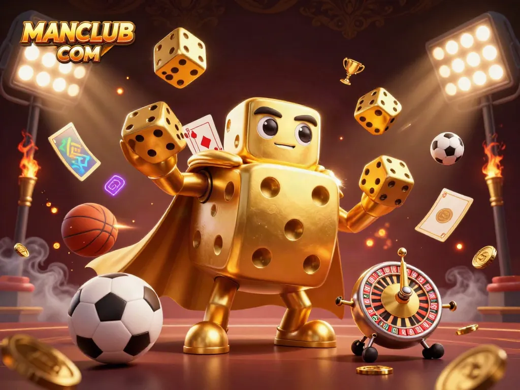 Engage in thrilling gameplay with MANCLUB COM as a massive golden dice golem juggles dice alongside sports elements in a vibrant casino scene.