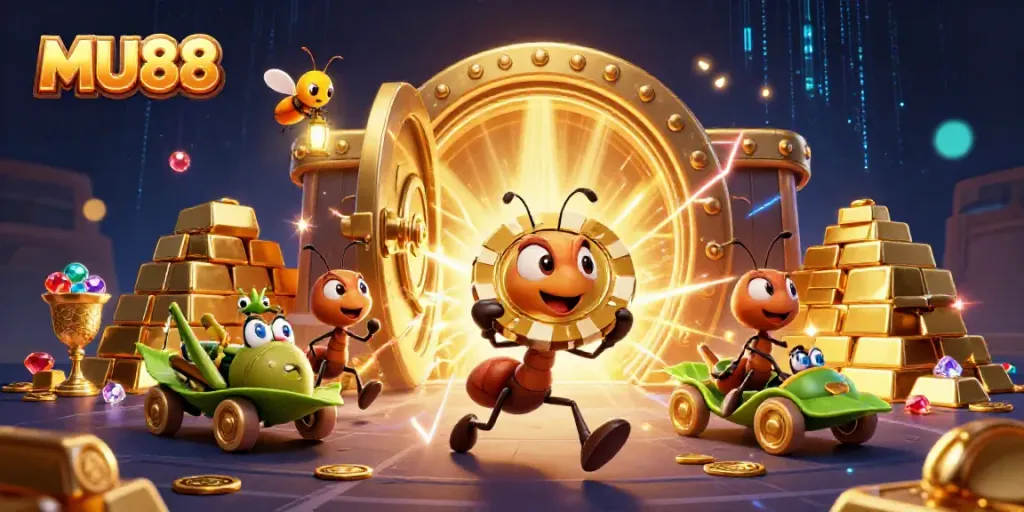 Enhance your gaming experience at MU88 with thrilling action and golden treasures in a dynamic casino scene.