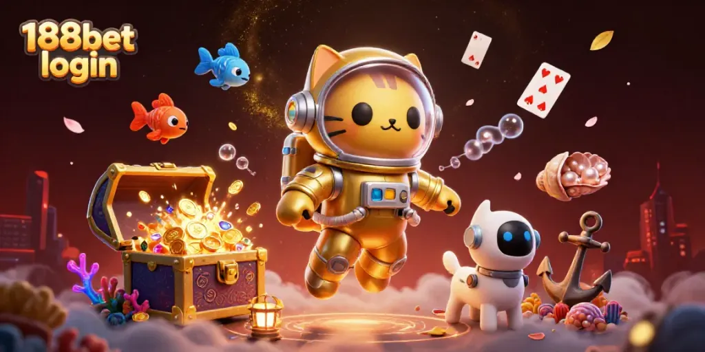 Experience seamless 188bet login with a vibrant illustration featuring a space cat and robot dog among casino treasures.