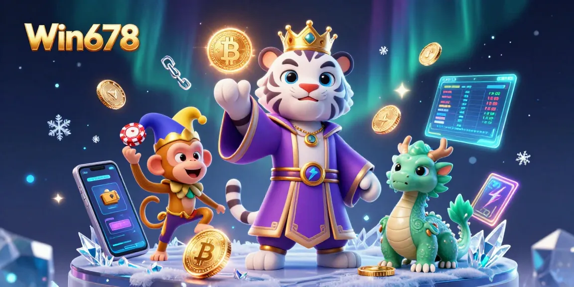 Experience the thrill of Win678 with vibrant 3D casino characters, playful monkey and tiger amidst dynamic gaming elements.