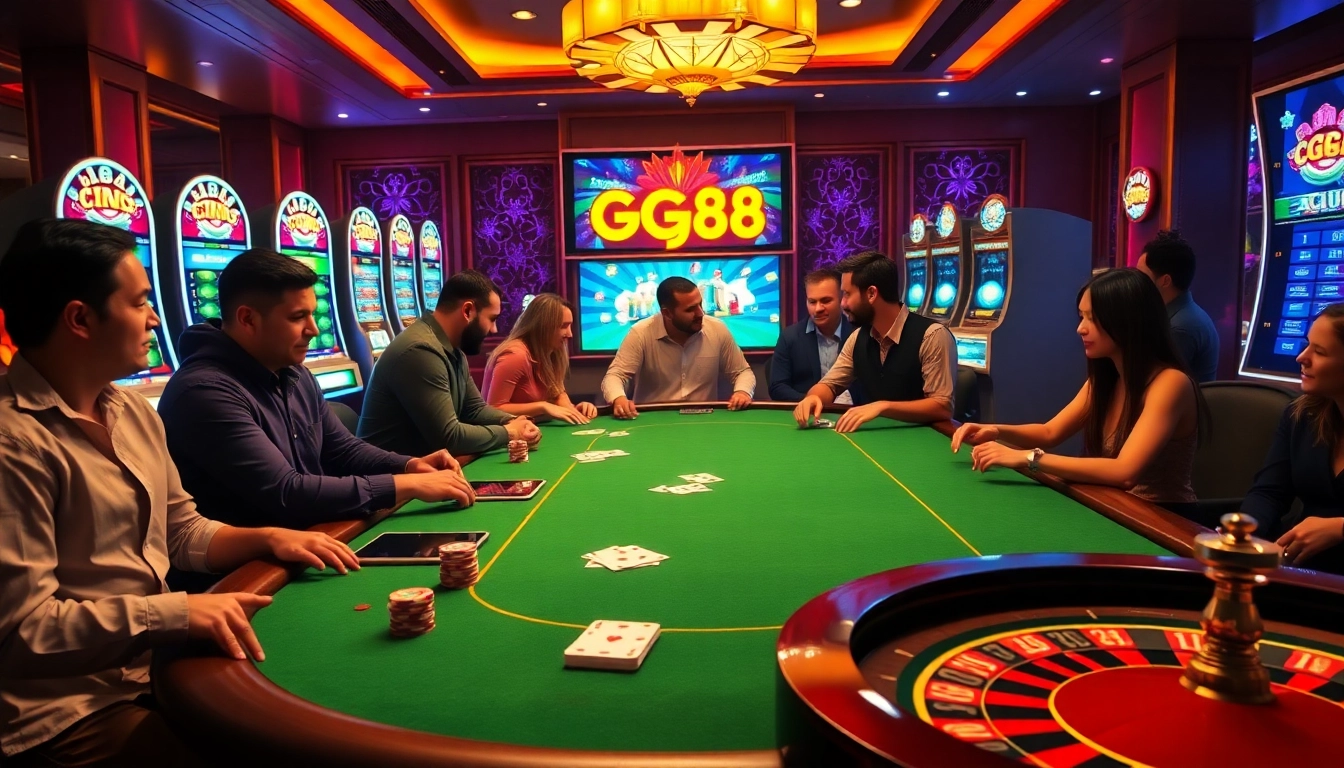 Exciting GG88 gaming scene with players at a poker table and vibrant slot machines.