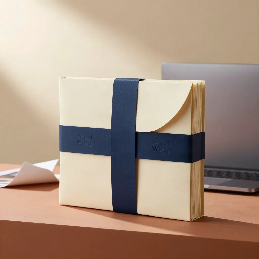 Otevřená složka s briefem, vedle tři balíčky a rozostřený notebook na terakotové podložce.