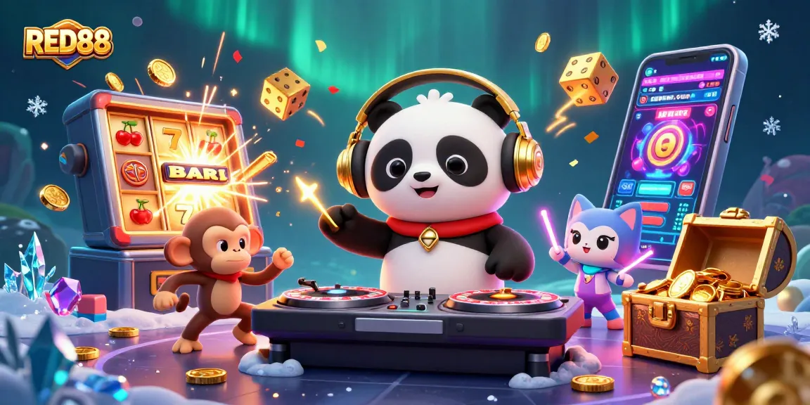 Experience thrilling slots at RED88 with a vibrant 3D casino illustration showcasing excitement and fun.