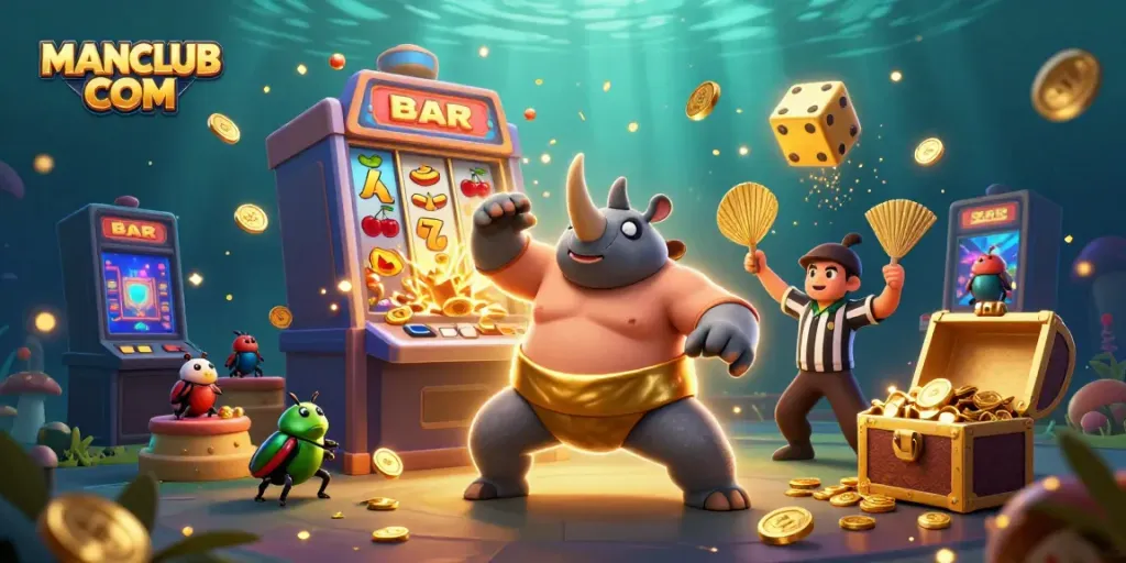 Experience thrilling gameplay at MANCLUB COM with vibrant 3D slot action and festive casino elements.