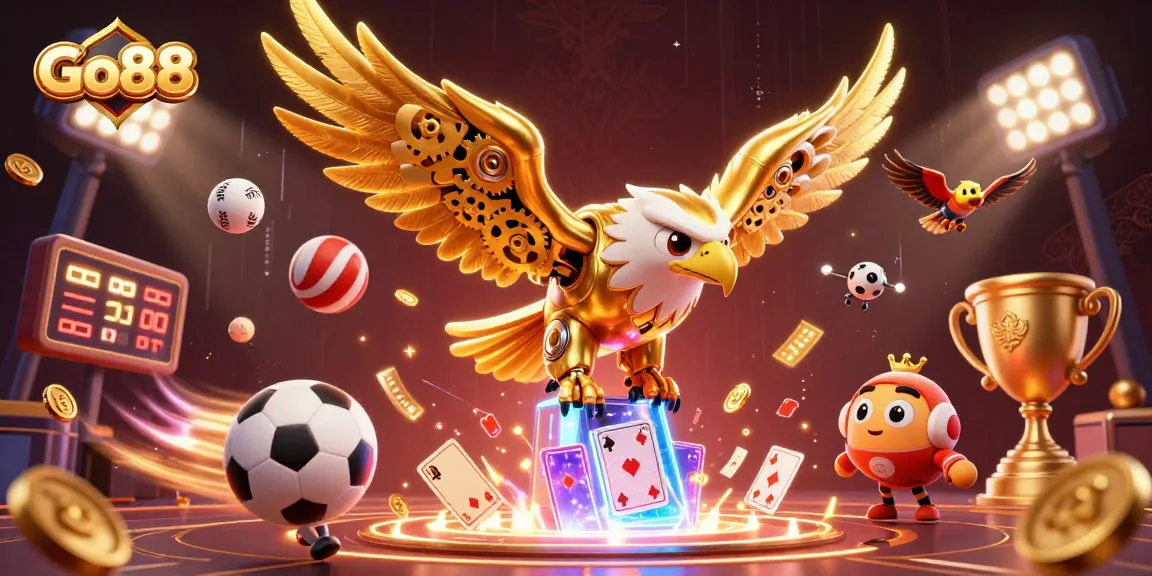 Experience thrilling gaming with Go88, featuring a cybernetic eagle amidst dynamic casino elements.