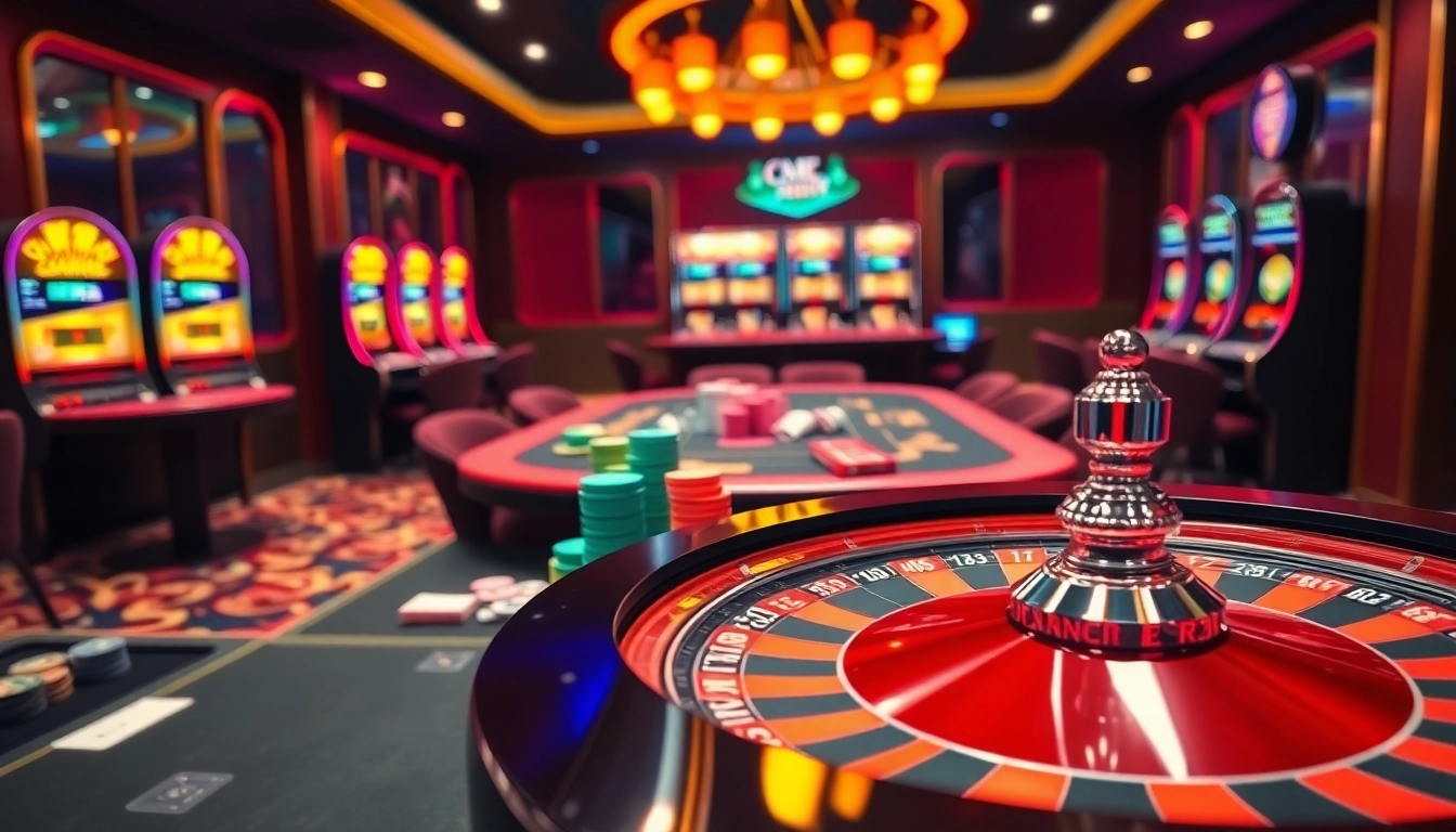 Engaging casino scene at nhà cái cm88 with vibrant roulette wheel, poker table, and glowing slot machines.