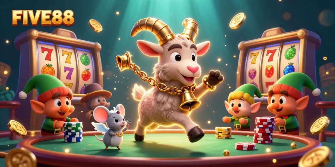 Join the excitement with FIVE88 in a vibrant casino scene where characters manage fun and mischief during gaming