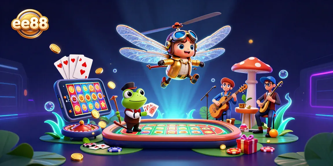 Spin to win with ee88 at a vibrant lily pad casino featuring animated characters and games.