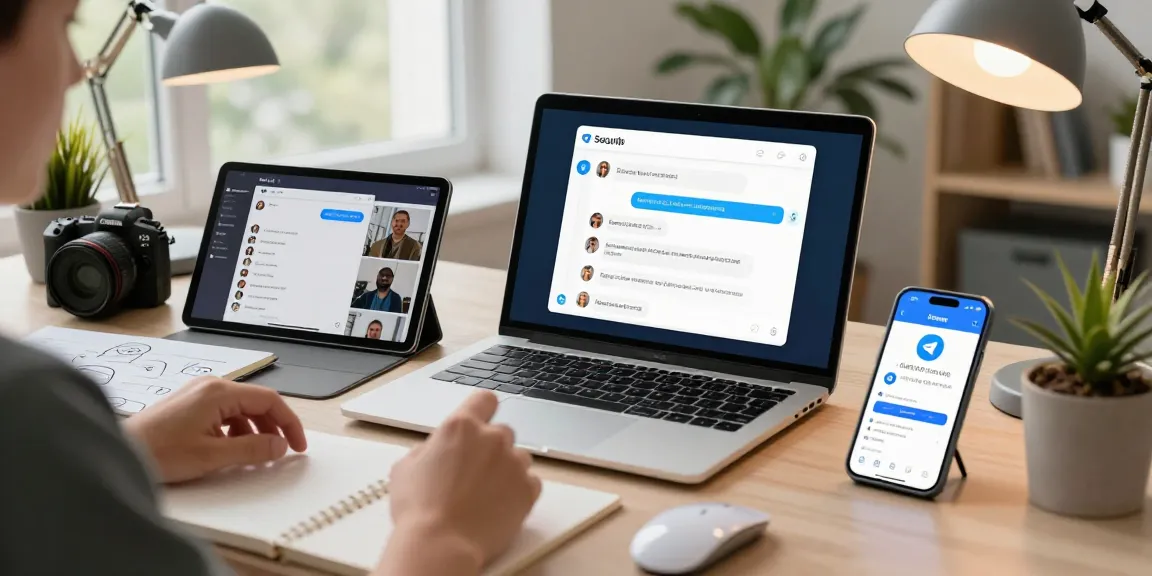 Experience seamless Telegram Download across devices in a modern workspace with multiple tech gadgets.