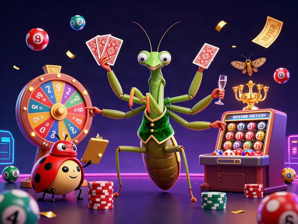TẢI SUNWIN with dynamic casino scene featuring a mantis dealer and ladybug pit boss.