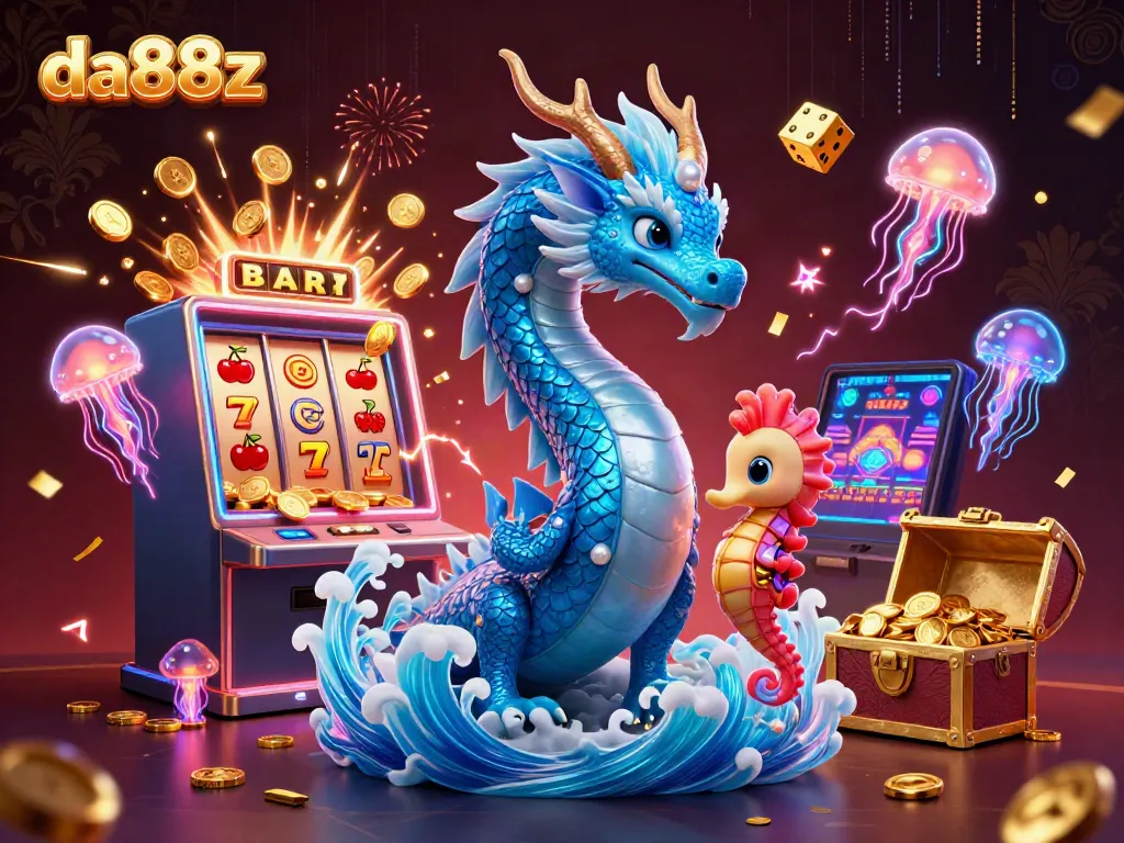 Experience the dynamic gaming scene of da88z with an azure water dragon and vibrant slot machine.