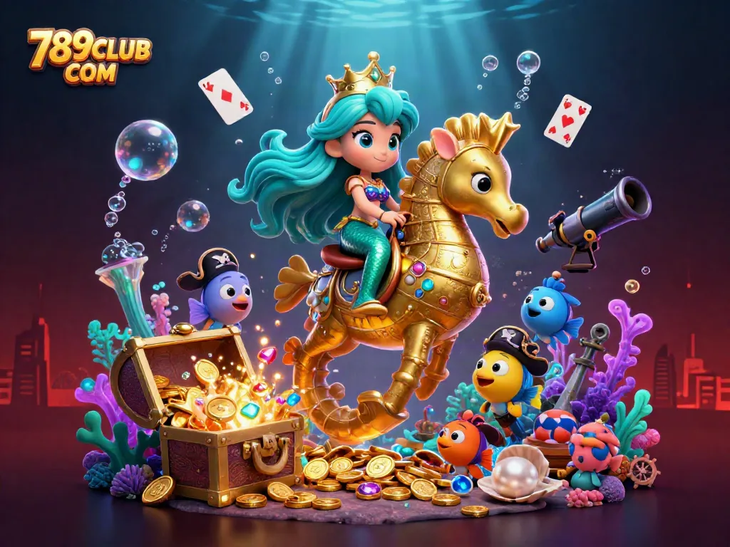 Win big at 789CLUB COM while admiring a vibrant underwater scene filled with treasure and adventure.