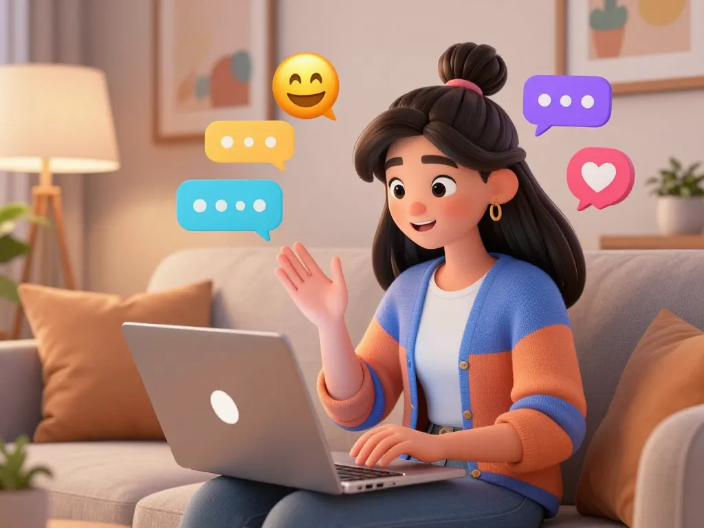Engaging chat between a user and their girlfriend AI in a cozy home setting, showcasing digital companionship.