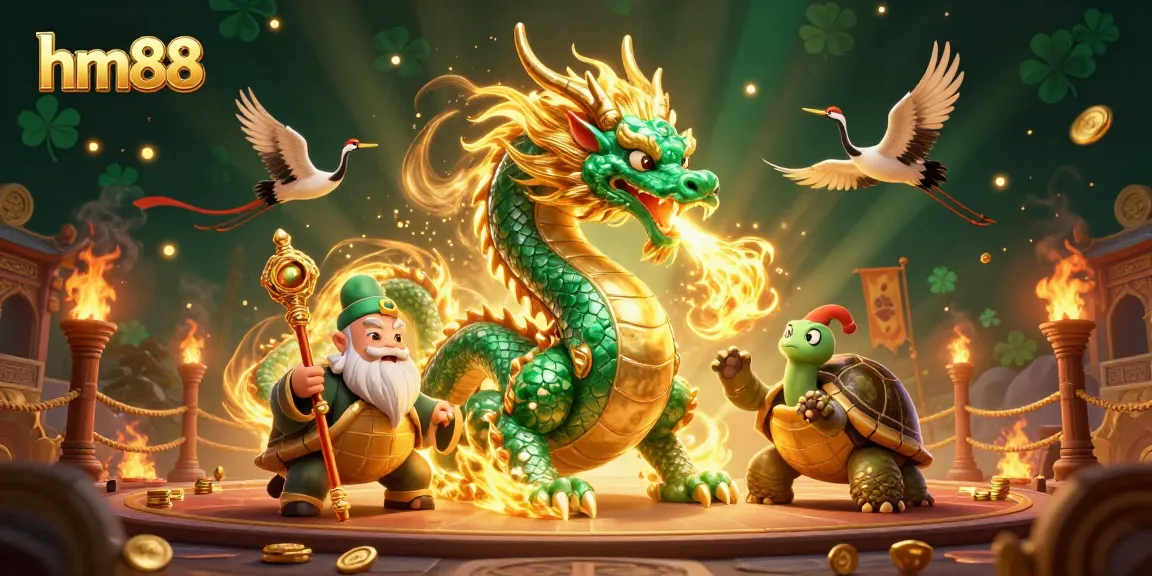 Experience thrilling gameplay at hm88 with a vibrant 3D illustration of a jade dragon, turtle sage, and lucky cranes.