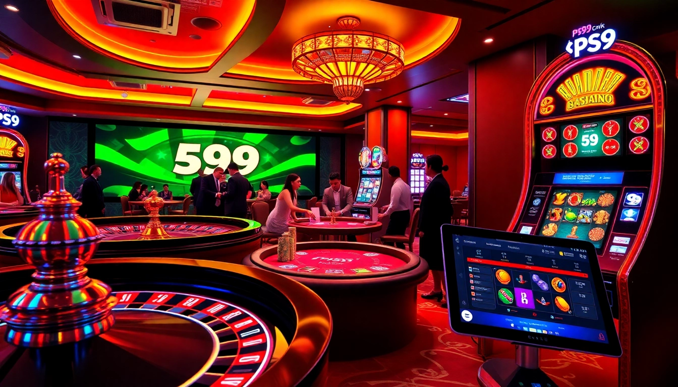 Engaging PS99 COM casino scene featuring poker players, roulette wheel, and vibrant gaming atmosphere.