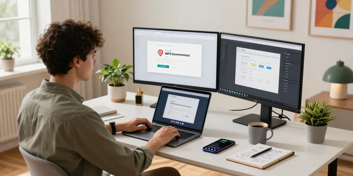 WPS Download page displayed on a laptop in a modern home office setup, highlighting productivity tools.