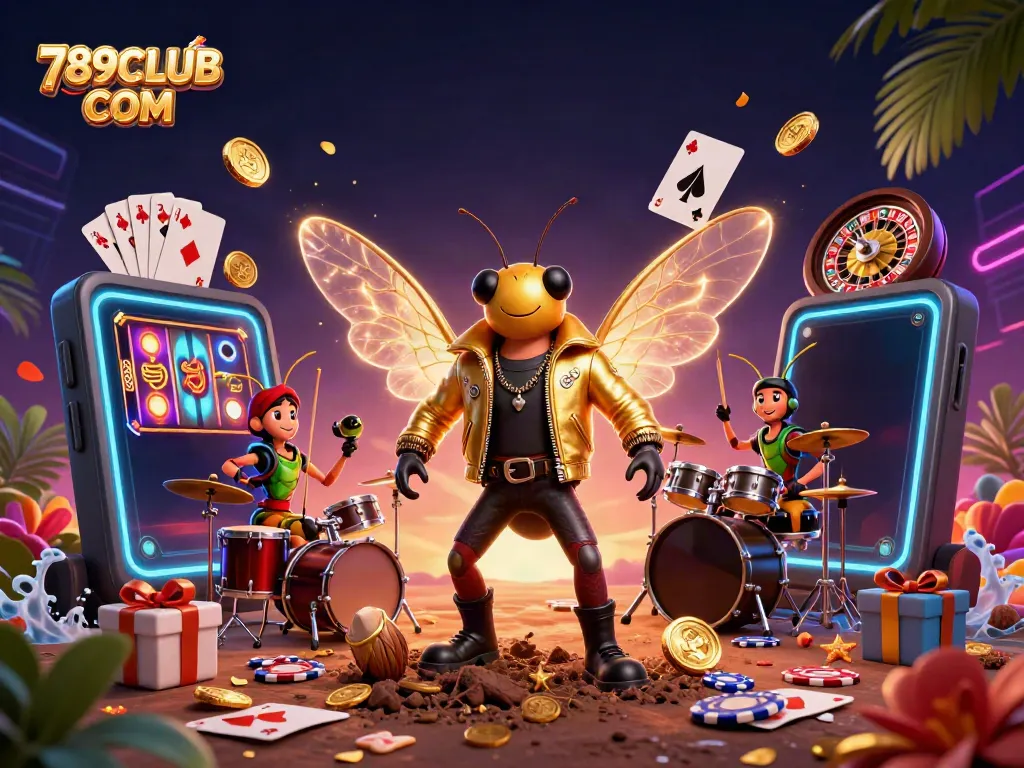 Catch the excitement of 789CLUB COM with a vibrant 3D cartoon illustration showcasing casino game elements and lively characters.