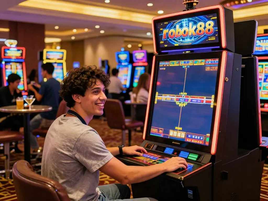 Player experiencing the thrill of rokok88 slot in a vibrant casino environment.