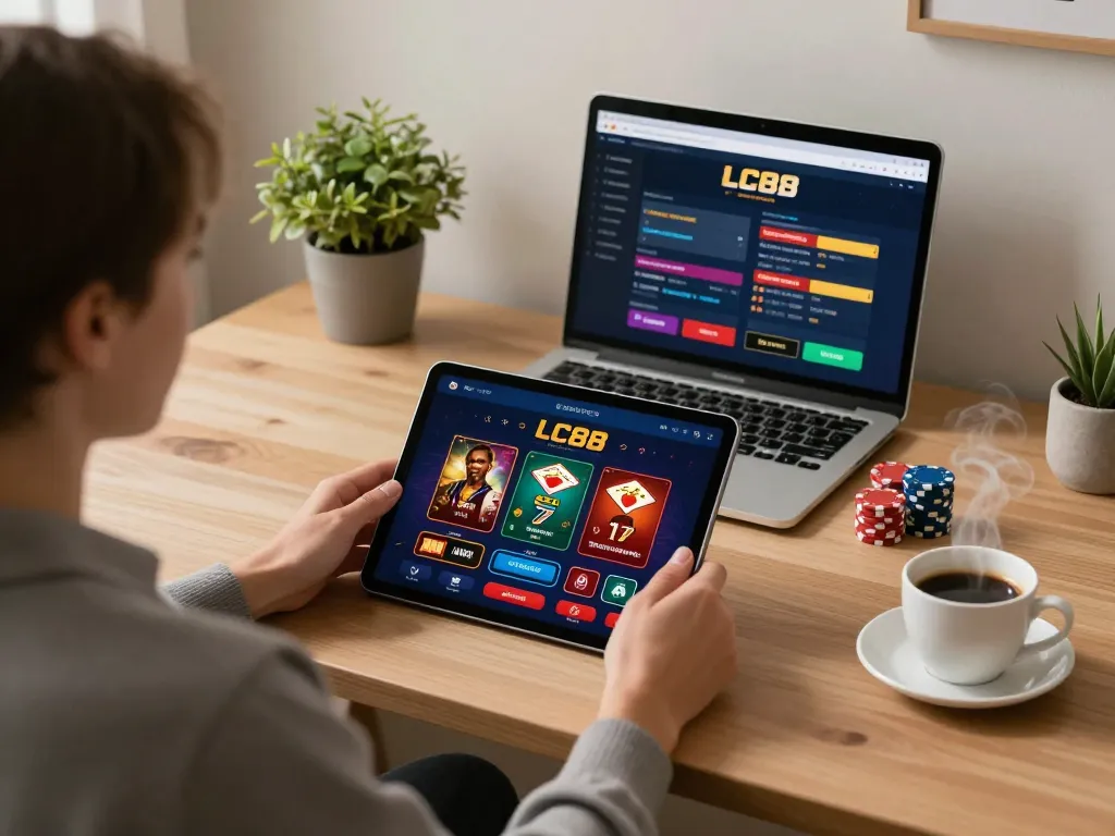 Engaging in strategic gameplay on the LC88 gaming app at home with a warm, inviting setup.
