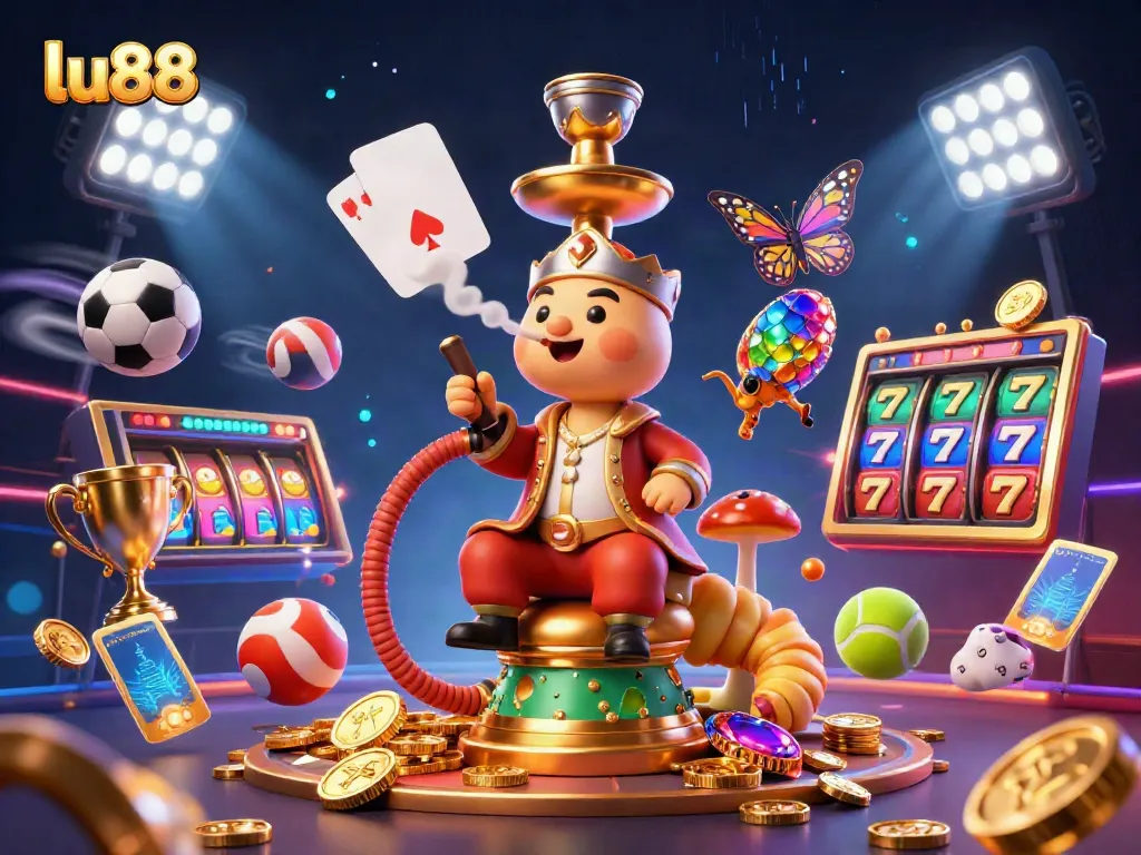 Experience thrilling gaming at lu88 with a fantastical caterpillar character amidst vibrant slot reels and casino elements.