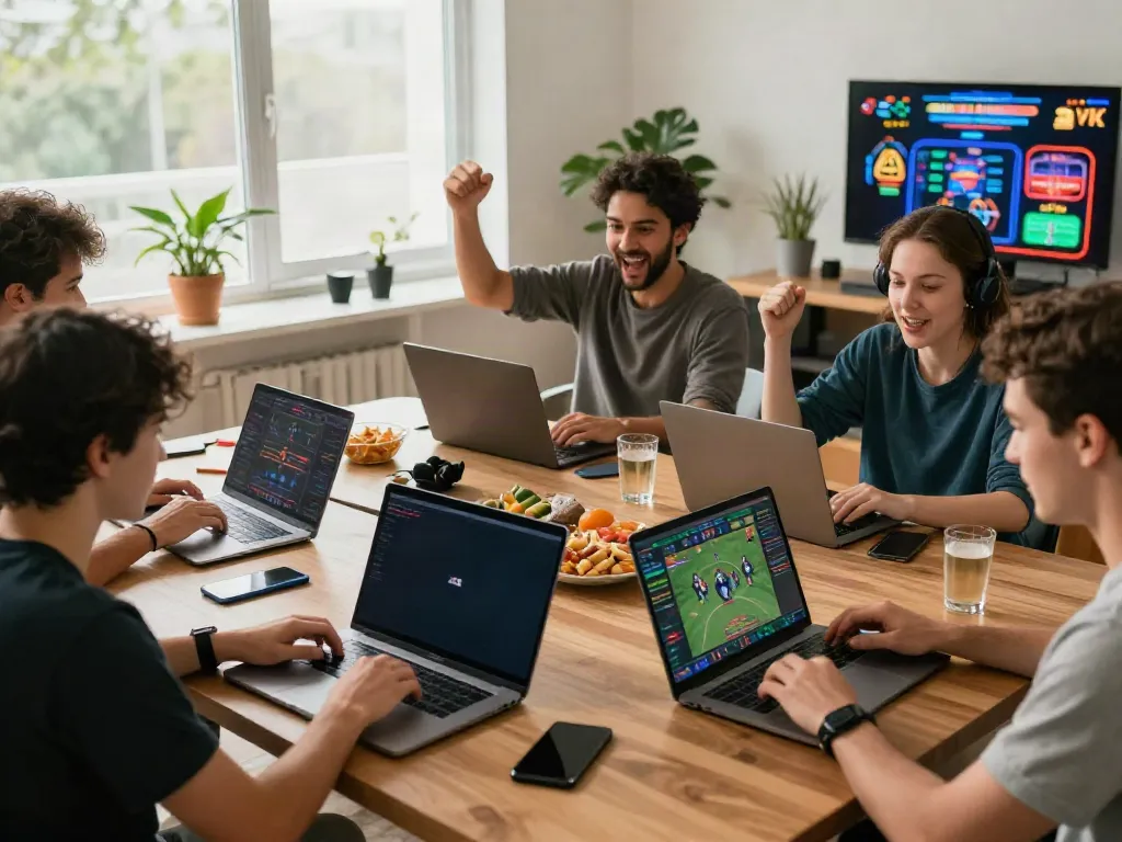 Players enjoying games at https://five88bet.org/ in a vibrant home setting, celebrating wins.