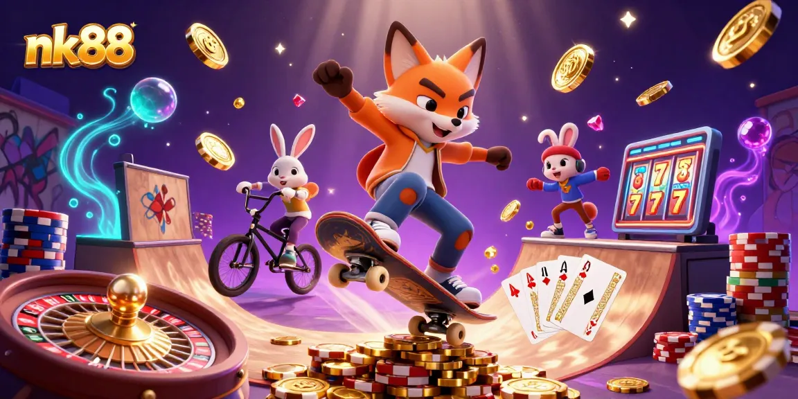 nk88 highlights thrilling gaming adventures featuring dynamic fox and rabbit characters in a vibrant casino scene.
