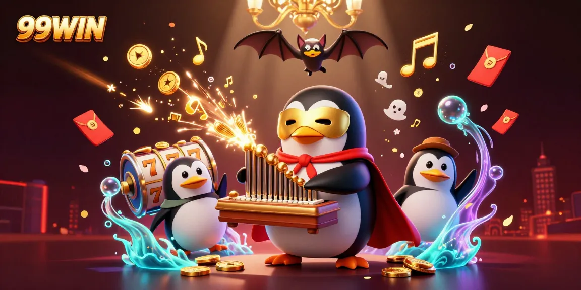 Experience fun at 99WIN with a cartoon penguin in a casino scene celebrating wins through golden coins and fireworks.