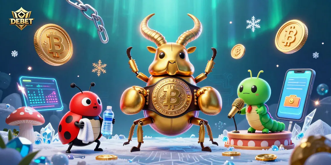 Engage with DEBET in a vibrant scene showcasing a boxing beetle, betting coins, and casino thrills.