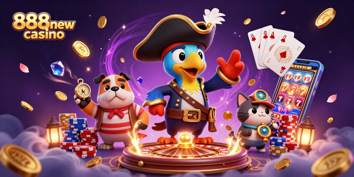 Experience vibrant gameplay at 888new casino with a dynamic 3D illustration of a pirate-themed gambling scene.