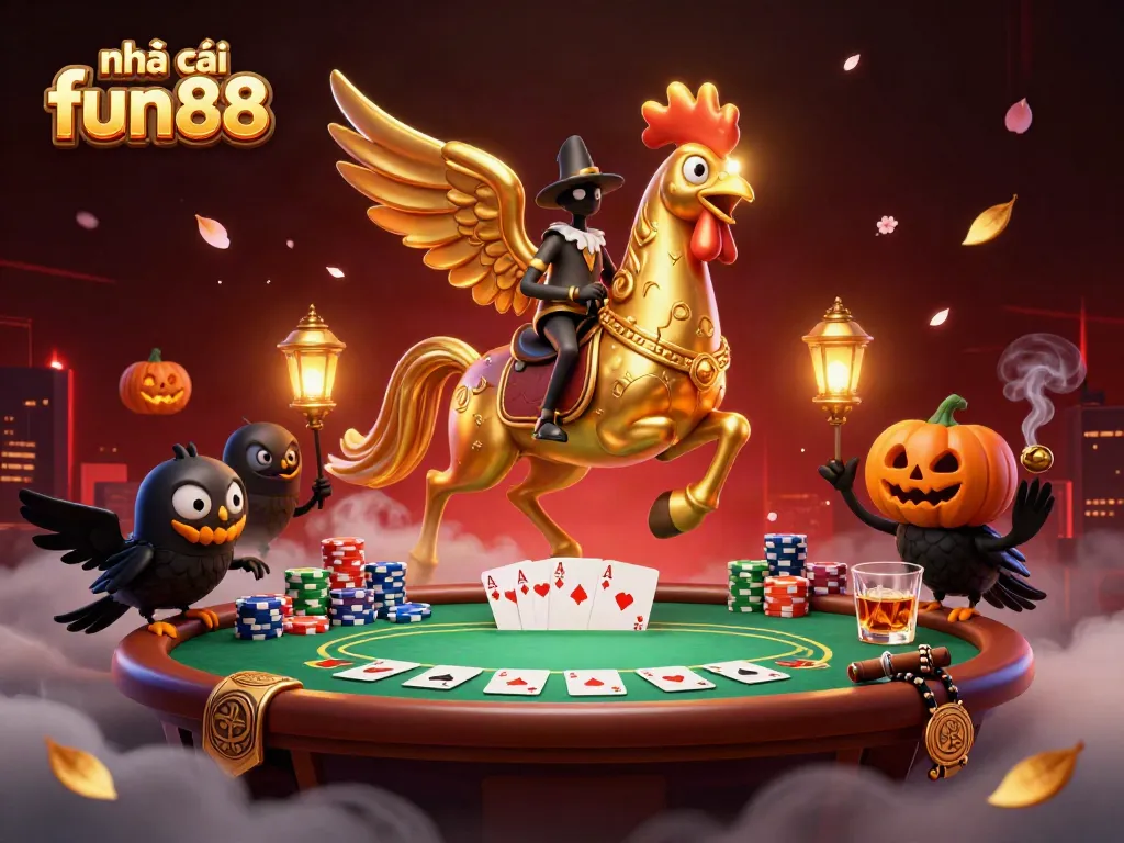 Experience the excitement of nhà cái fun88 with this dynamic 3D casino illustration featuring poker tables and vibrant characters.